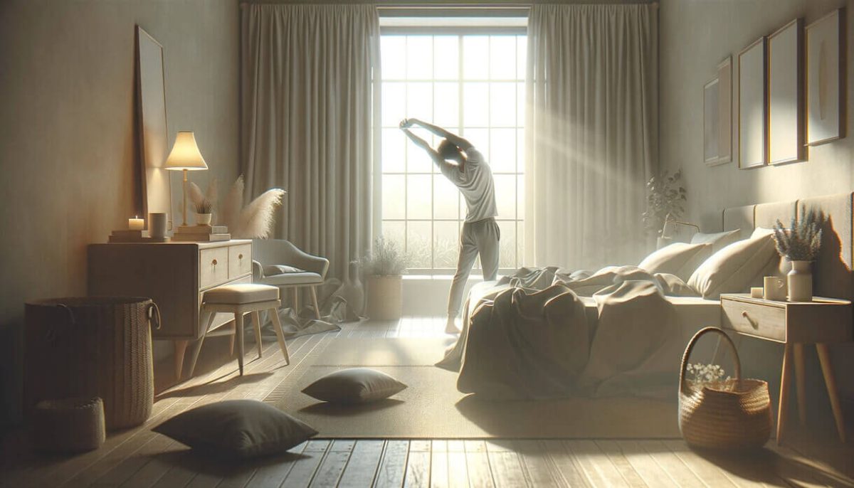 DALL·E 2024 03 01 11.21.47 Create an image sized 1220x628 that captures the essence of waking up refreshed and energized focusing on a neutral color palette. The scene should i 1